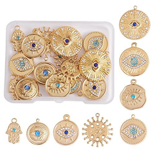 COGCHARGER 16 Pieces Evil Eye Charms 304 Stainless Steel Round Hamsa Hand Evil Eye Rhinestone Pendants for DIY Jewelry Making