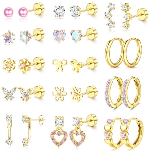 Adramata 14 Pairs Boucles d'Oreilles Femme Filles Acier Inoxydable Piercing Oreille Argent Or Creoles Hypoallergéniques Boucle d'Oreille Rose Multicolore CZ...