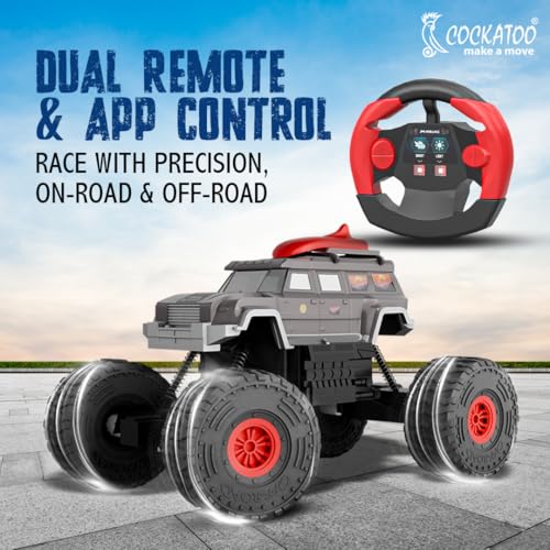 Image of Cockatoo-Kids Trailblazer 2WD Rechargeable Remote Control Car with Remote, Off-Road Monster Truck Toy for Boys Girls, 1200mAh Battery, Nitro Boost, Shock Absorber, BT Speaker, Fast USB Charge, Black