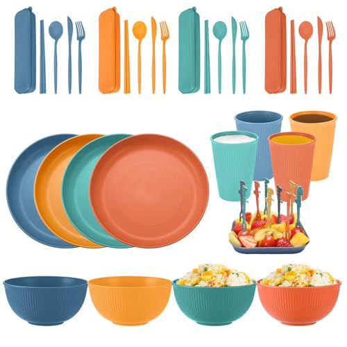 YINGDIHUT Juego Vajilla de Paja de Trigo, Juego de Cubiertos de con Cuenco, Plato, Cuchara, Tenedor, Taza y Palillos, Fácil de Limpiar, para Camping, Regalo de Inauguración de la...