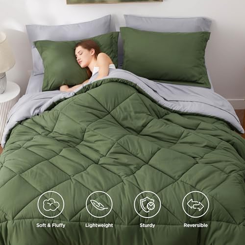 Image of Bedsure King Size Comforter Set - 7 Pieces Reversible Olive Green Bedding, King Size Bed Set for All Seasons, Bed in a Bag with Down Alternative Comforter, Sheets, Pillowcases & Shams