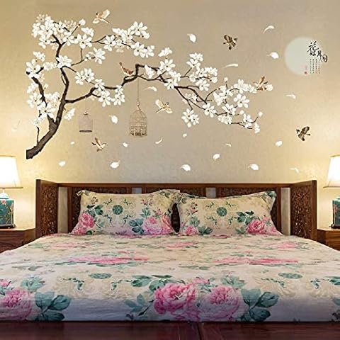 Finduat Chinese Style White Flowers Black Tree and Flying Birds Wall Stickers Removable DIY Wall Art Decor Decals Murals for Offices Home Walls Bedroom Study Room Wall Decaoration Cover