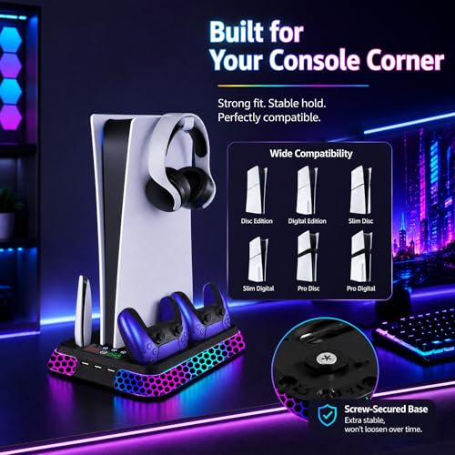 Image of PS5 Stand with Hexagon RGB Aesthetics,PS5 Cooling Station for PlayStation 5 Slim Pro Disc Digital Console with Cooling Fan,Dual Controller Fast Charger USB Hub Headset Holder Game Storage (Black)