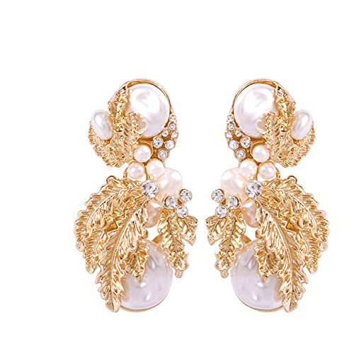 Wiwpar Pearl Drop Statement Earrings Gold Fashion Pearl Geometric Dangle Earrings Rhinestone Pearl Drop Stud Earrings for Women