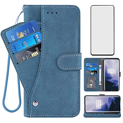 Asuwish Compatible with OnePlus 7 Pro Wallet Case and Tempered Glass Screen Protector Flip Cover Card Holder Cell Phone Cases for OnePlus7Pro 5G One Plus 1+7 1Plus OnePlus7 7Pro One+ 1 + Seven Blue