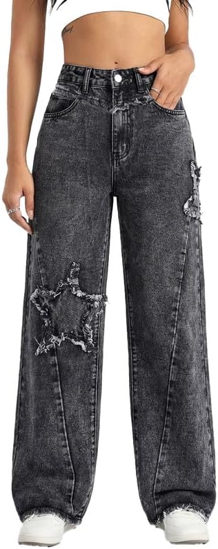 Women's Wide Leg Denim Pants Teen Star Raw Edge Baggy Trousers High Waisted Boyfriend Y2K Jeans Girls Fashion