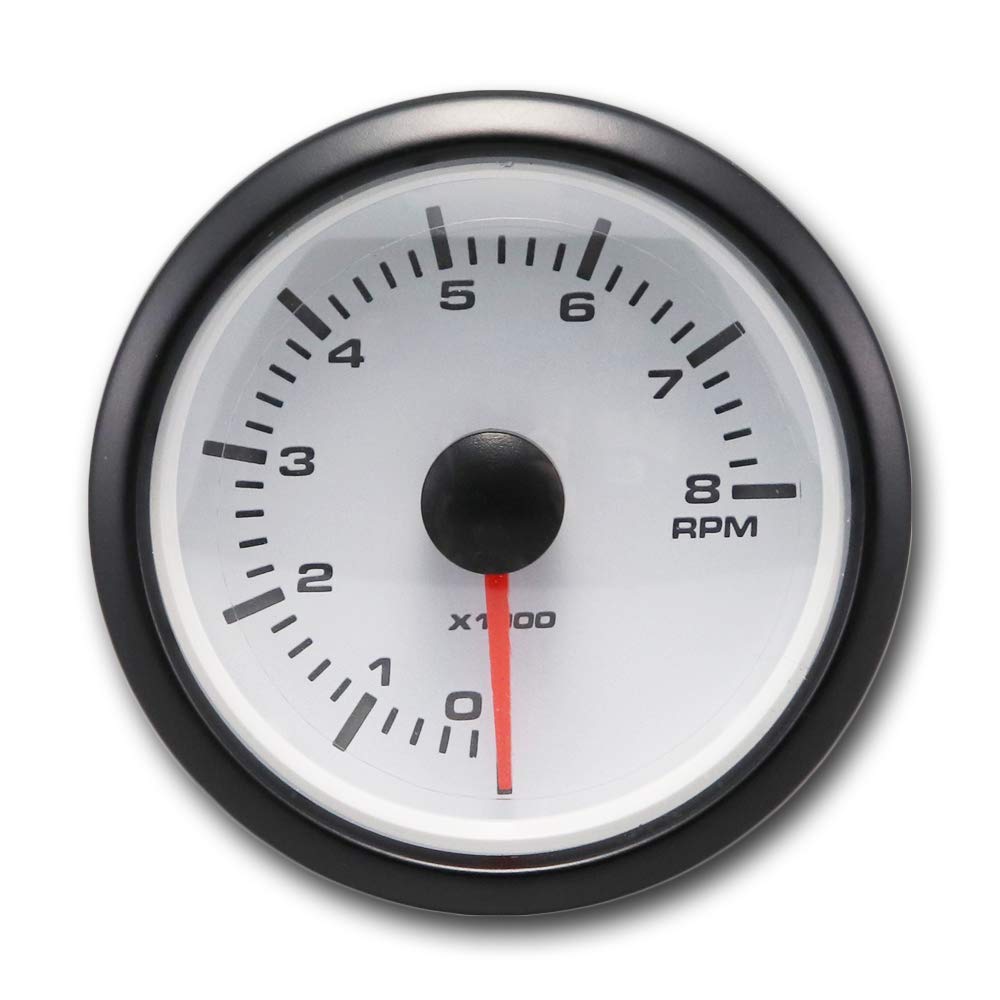 MOTOR METER RACING MGS Series 52mm 2-1/16" Electrical Tachometer 8000 RPM White Dial White & Amber LED Backlit Waterproof for Gasoline Engine Alternator Car Truck Marine Boat