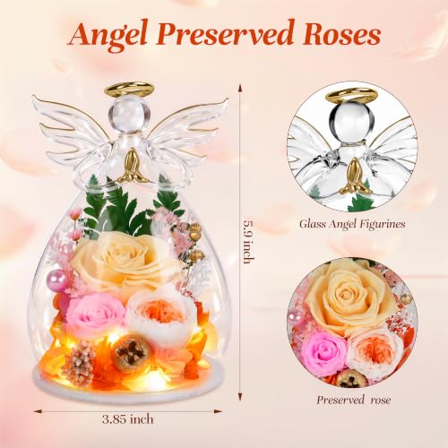 Image of encavy Birthday Gifts for Women,Fresh Flowers for Delivery,Preserved Rose Flowers in Angel Figurines,Light Up Champagne Angel Real Rainbow Roses for Mom Grandma Wife Her Girlfriend Anniversary