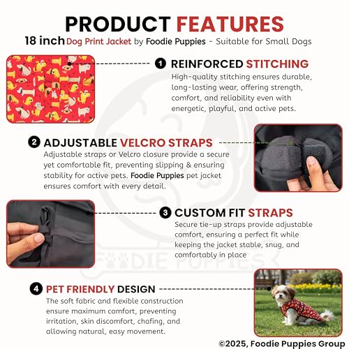 Image of Foodie Puppies Dog Winter Jacket - (Dog Printed, 18 Inch) for Small Dogs | Ultra Warm Waterproof & Windproof Coat | Adjustable Velcro Closure, Washable Vest for Cold Weather I