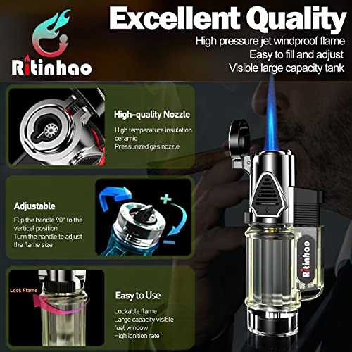 Torch Lighter, 3 Pack Butane Lighter, Windproof Jet Flame Lighter With Fuel Window & Flame Locker For Candle Camping Family Use(Without Butane) #TOP1