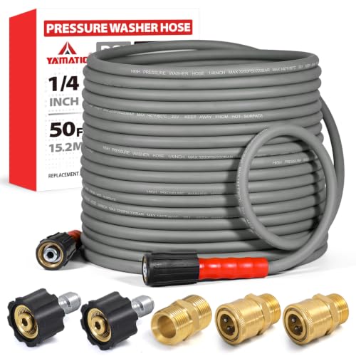 Image of YAMATIC Flexible Pressure Washer Hose 50 FT 1 /4 inch, M22-14mm Females | With 3 /8 inch Quick-Connect Adapters, 3200 PSI Kink-Resistant, Replacement /Extension Hose For Power Washing, Grey
