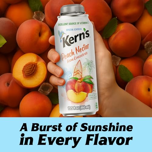 Image of Kern's Peach Nectar Lata Botella - Made with Fresh Fruit Puree & Peach Juice Concentrate for Fruit Smoothie Mix, Cocktail Mixers & Kids Beverages - 15.5oz, 12 Pack Resealable Juice Bottles