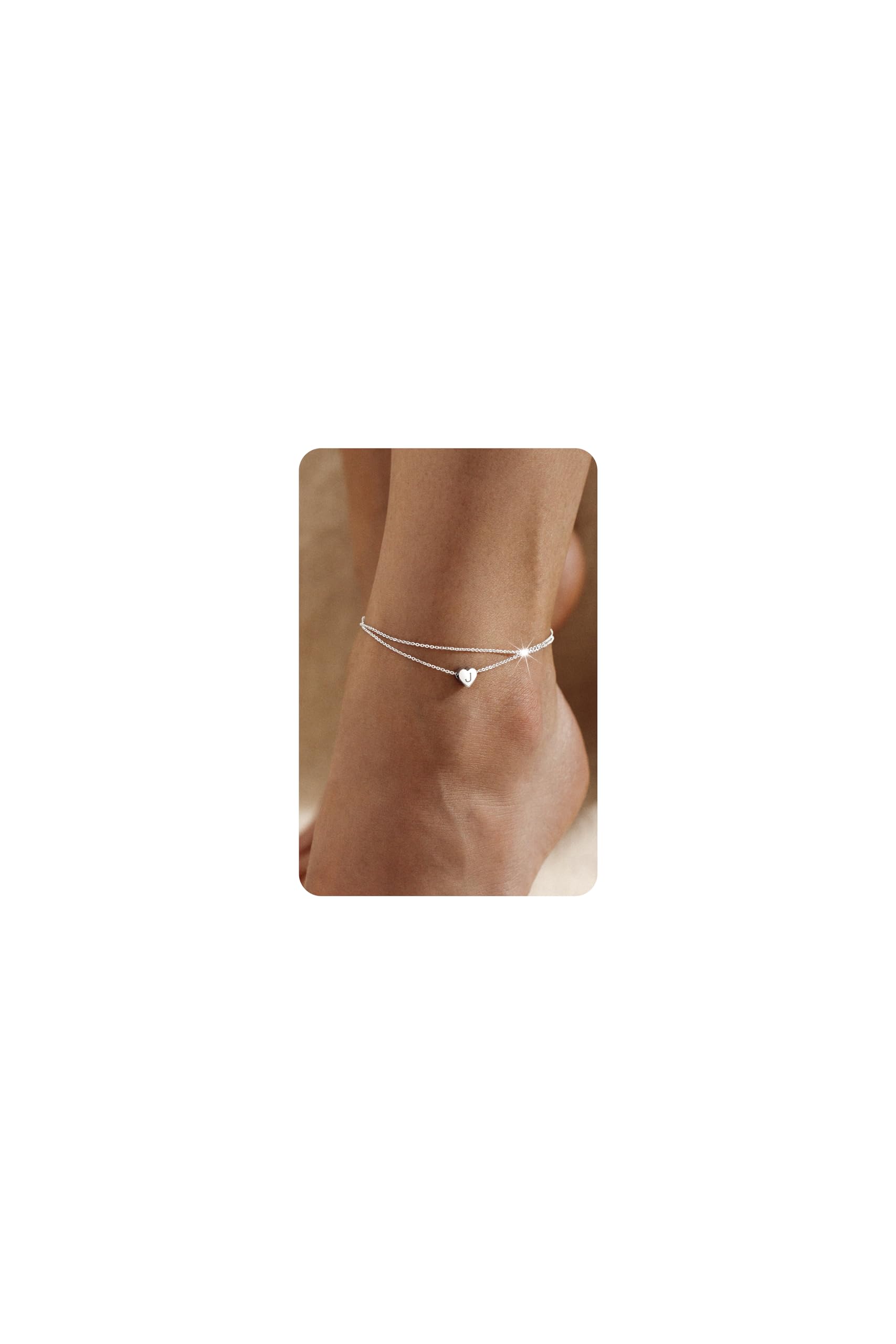 HANCAO Sterling Silver Initial Anklet for Women - Silver Ankle Bracelets Layered Dainty Handmade Tiny Heart Alphabet A-Z Letter Ankle Bracelet Foot