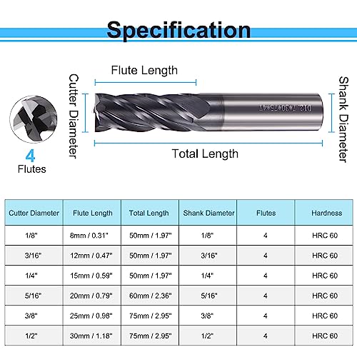 Image of HARFINGTON Square End Mills 1 /2 inch Cutting Dia HRC 60 4 Flutes AlTiN Coating Tungsten Steel Carbide Mill Bit for Hardened Steels