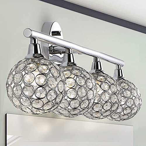 Image of JONATHAN Y 32.5 inch Chrome Maeve Modern Glam LED Vanity Light Sconce for Bathroom, Clear Crystal Globe Shade, Art Deco Wall Light for Hallway Entryway (JYL7537A)