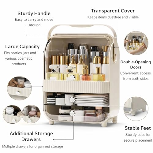Image of JIALTO Large Cosmetic Organizer Box with Handle - Dustproof Makeup Storage Cabinet with Drawer, Skincare & Perfume Organizer for Vanity, Dressing Table & Bathroom Countertop (37x29.5x20 cm, Cream)