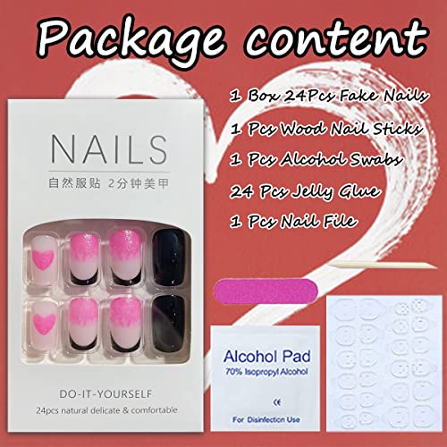 Black Square Press On Nails Short Fake Nails With Pink Glitter Heart Designs Coffin Shaped Full Cover False Nails Artificial Nail Tips Glue On Nails Glossy Acrylic Nails Decorations For Women 24Pcs #TOP5