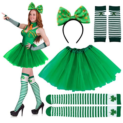 Lady Up 4 Pcs St Patrick\'s Day Costume Accessories Set, Irish Shamrock Party Costume with Gloves & Stockings & Hair Clasp & Skirt Set Green