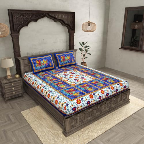 Image of JaipurFabric Cotton 180 TC Sanganeri Print Double Bedsheet with 2 Pillow Covers (90 inch X 108 inch), Blue