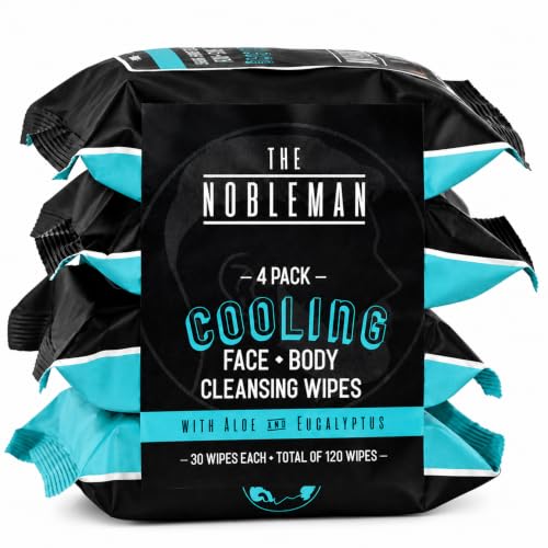The Nobleman Cooling Face + Body Cleansing Wipes Refreshing Skincare for Men with Aloe & Eucalyptus Oil Control Dirt Removal Sweat Refresh Daily Hygiene & After Gym Solution (4 Pack 120 Ct)