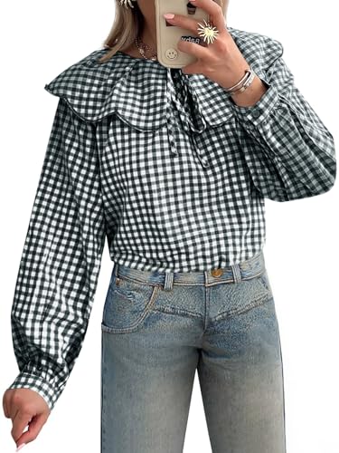 Tankaneo Womens Peter Pan Collar Shirts Gingham Puff Long Sleeve Blouses Ruffle Loose Fit Fall Casual Tops