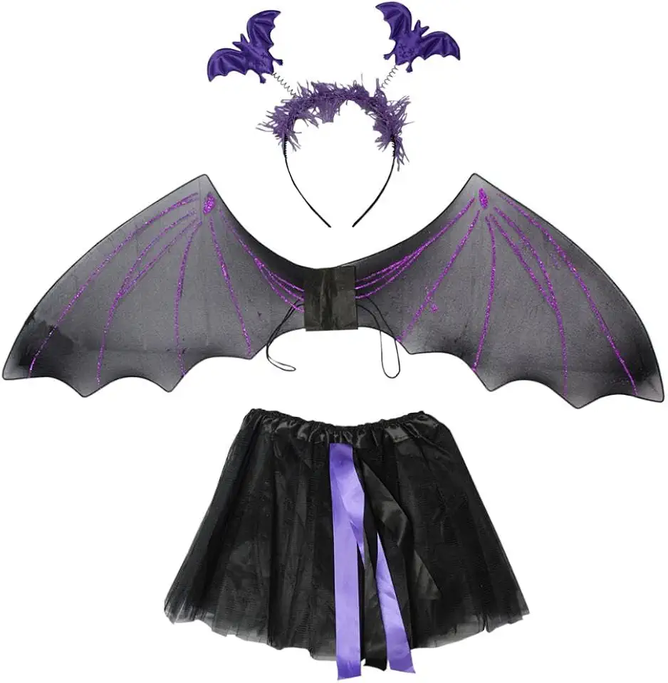 Fantasia Halloween Feminina Adulta Barata Kit Saia com Asa de Morcego