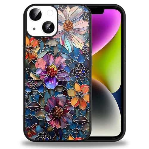 Kivlclri Stained Glass Cover per iPhone 14 / iPhone 13 6,1'', Custodia per Cellulare Aesthetic Fiori Foglie Carine Disegni Disegno Motivo Silicone Morbido Sottile TPU Antiurto Protezione Ragazze Case