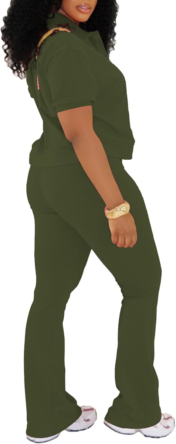 PINSV 2 Piece Sets For Women Casual V Neck Lounge Sets Short Sleeve Top Flare Pants Daily Tracksuit - Image 6