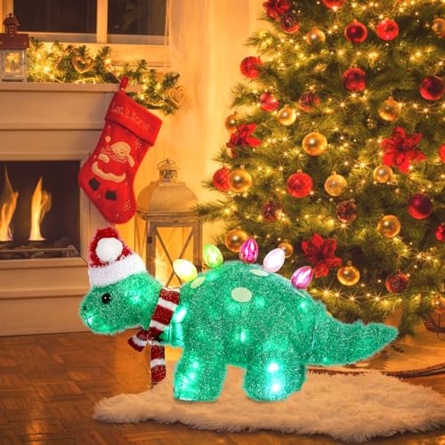 Christmas Dinosaur Decorative Light Back Colored LED&Soft lint Stegosaurus with Santas Hat Outdoor Lawn Courtyard Decoration Unique Christmas Housewarming