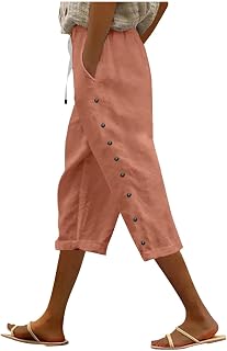 Pantalones elásticos para mujer, color negro, pantalones de verano para mujer, color sólido, cintura elástica, decoración de botones laterales sueltos, pantalones capri versátiles, pantalones casuales