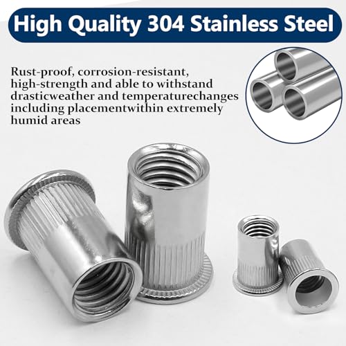 Image of SAE Rivet Nut Assortment Kit(220 Pcs),#8-32#10-24 1 /4 inch-20 5 /16 inch-18 3 /8 inch-16 304 Stainless Steel Flat Head Rivnut Set,Rivnut Threaded Insert Nut