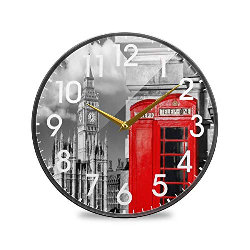 Big Ben London Anglais Rouge Cabine téléphonique Horloge Murale Ronde à Piles sans coutil Quartz Silencieux pour la Maison Salon Bureau Cuisine Chambre