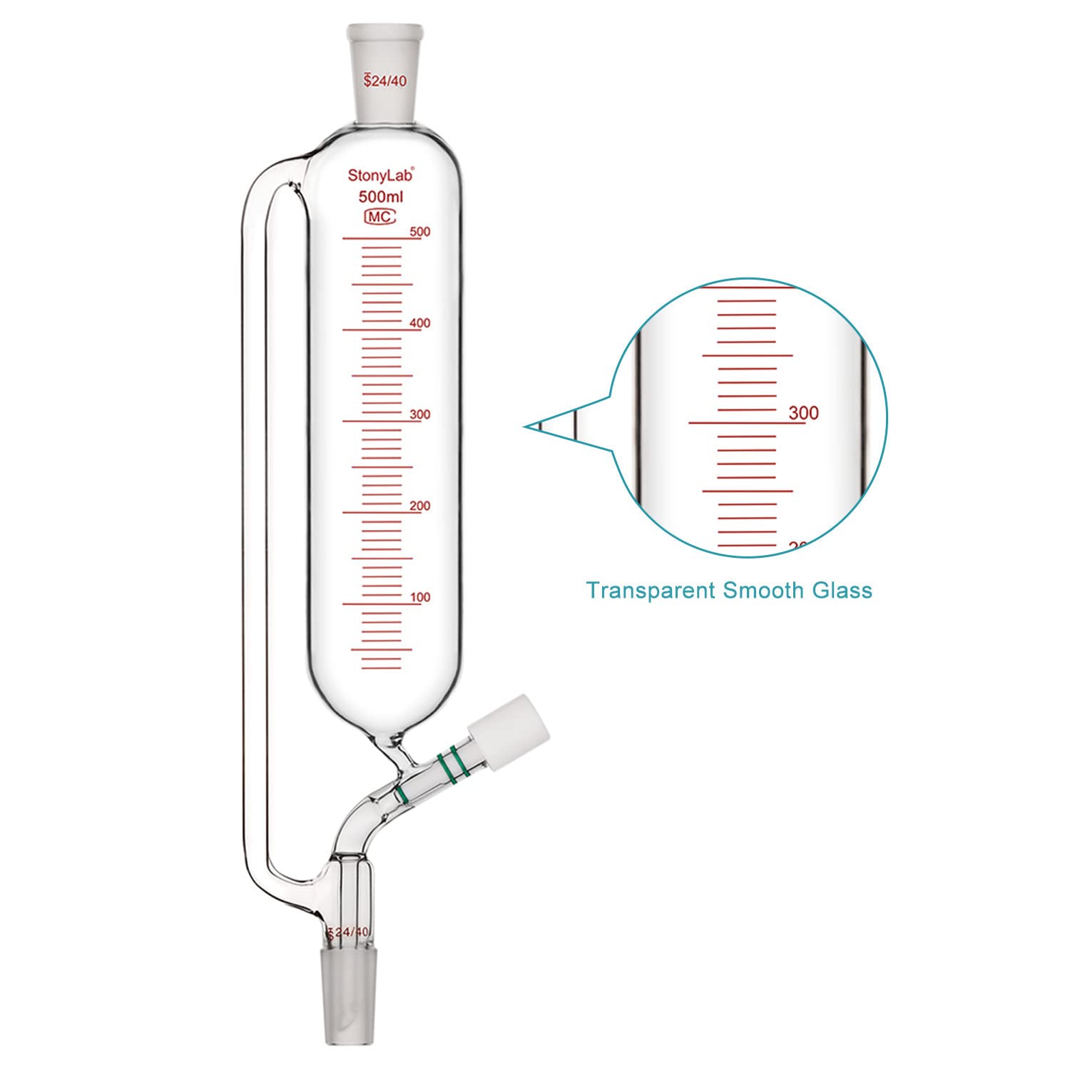 stonylab Pressione Graduata Equalizzazione Aggiunta Imbuto, Vetro Borosilicato Imbuto di Caduta con 24/40 Congiunto Valvola ad Alto Vuoto per Laboratorio Vetro Ulteriori Imbuto, 500 ml