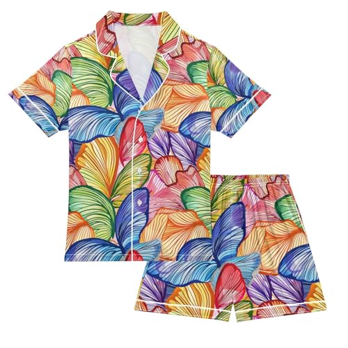 senya Rainbow Butterflies Satin Summer Pajama Sets Silk Short Sleeve Button Down Sleepwear