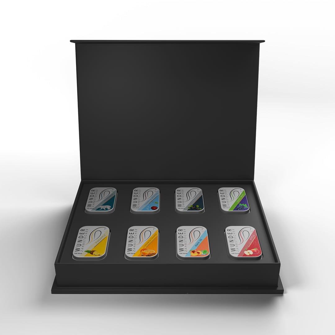 All in One Box – 8 Sorten in Metalldosen | Zahnstocher mit Geschmack Set - Probierbox & Geschenkidee