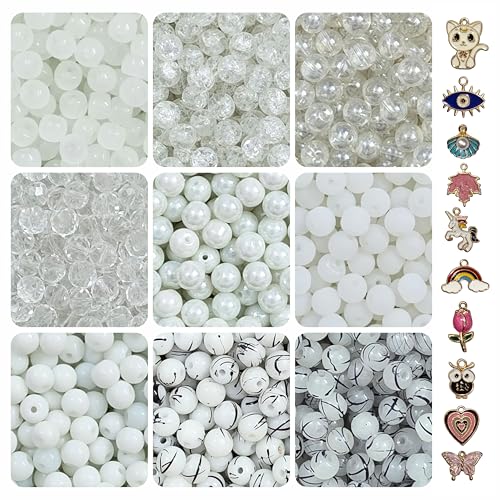 Image of 10 Pcs Charms + 250 Pcs White Glass Beads for Jewellery Making Kit - Glass Beads for Bracelet Making Kit - Bead Craft - 8mm