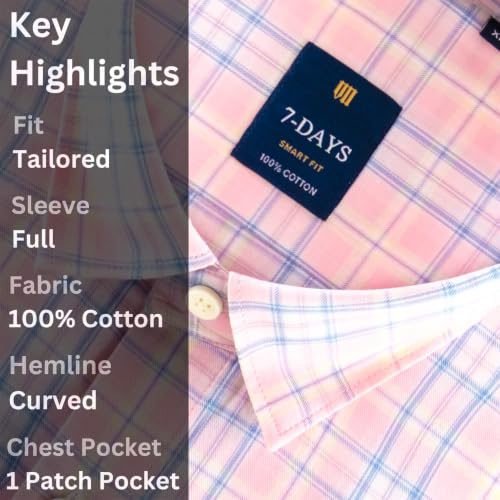 Image of 7-DAYS Men's Premium Check Shirt - 100% Cotton, Tailored Fit (Between Slim & Regular), Full Sleeve, with Pocket - Smart Office & Casual Look