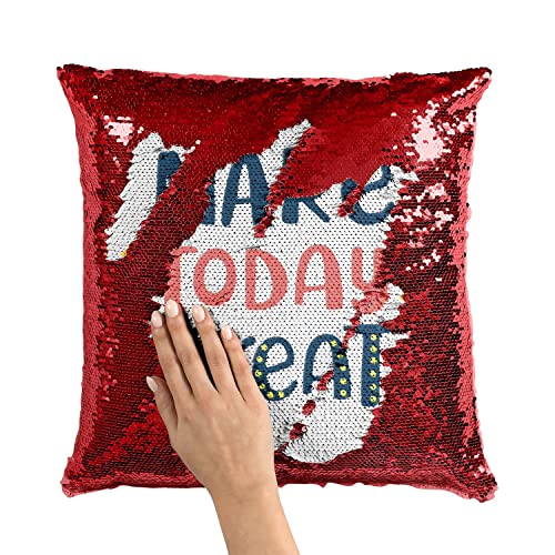 Coussin sequin rouge avec message Make Today Great pour une decoration originale