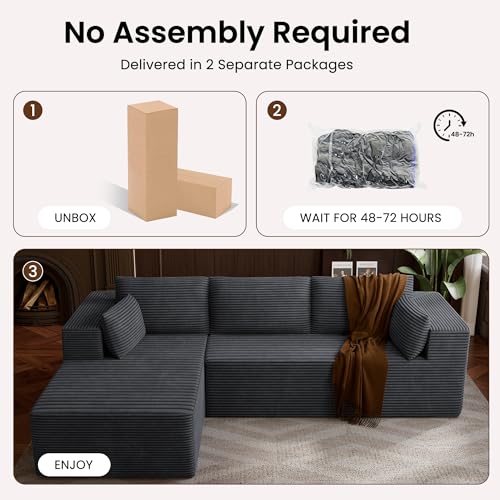 Image of 106 inch Cloud Sectional Boneless Couches for Living Room, Modular L Shaped Couch with Deep Seat Oversized Left Facing Chaise, Memory Foam Compressed Spineless 3 Seater Sofa for Bedroom Apartment, Grey