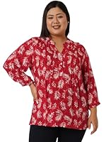 9 Impression Women Black Leaf Print Pintuck Plus Size Top (5XL)