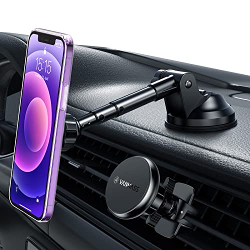 Exclusive VANMASS Magnetic Car Phone Holder Mount, [630° Rotation] Suction Cup Phone Holder Aluminium Alloy Structure, 6X Super Strong Magnets Dashboard Phone Mount Compatible with iPhone Samsung & All Phones