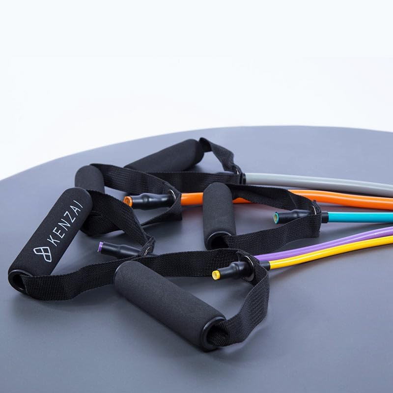 Miniatura 7 de Kenzai Juego de ejercicios de bandas de resistencia con asas, tubos de fitness multicolores, equipo de entrenamiento de fuerza para entrenamientos