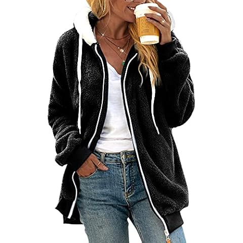 Womens Sherpa Jackets Fuzzy Fleece Full Zip Up Hooded Coat Tops Outwear with Pockets, Black, Medium Cover