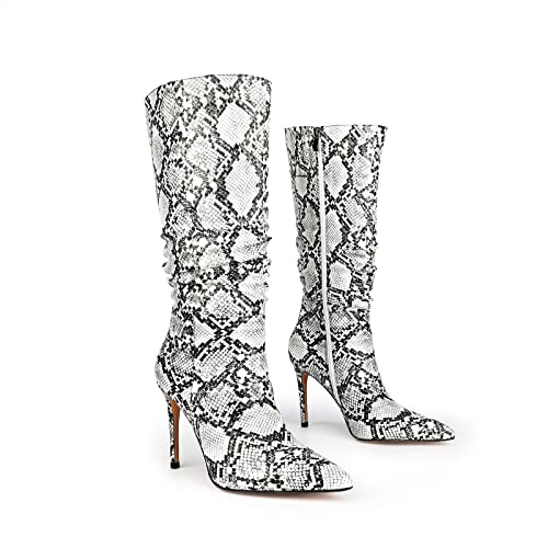 Perixir Snake Skin Boots For Woman Stiletto Knee High Boots Women Wide Calf Pointed Toe Boots Womens Heel Boots For Women Sexy Heeled Boots Pleated Women Shoes Us Size 9 #TOP2
