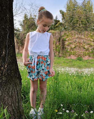Image of Arshiner Girl's 2 Piece Outfits Tie Knot Tank Top and Paperbag Waist Pocketed Summer Short Sets