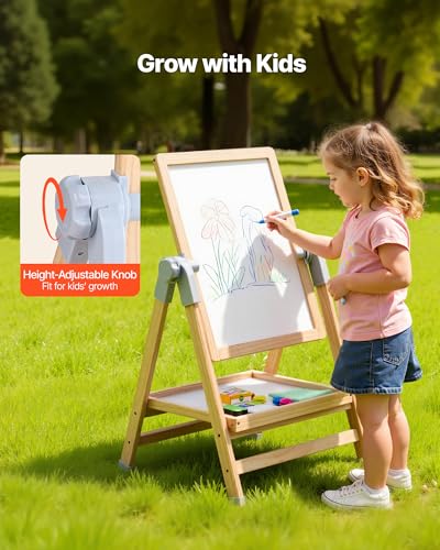 Image of VEVOR Art Easel for Kids, 2-in-1 Wooden Double-Sided Kid's Art Easel with Magnetic Whiteboard & Chalkboard, Adjustable Standing Rotatable Foldable Drawing Board with Painting Accessories for Boy Girl