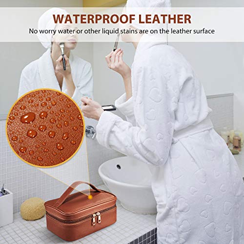 Makeup Bags,Cosmetic Bag 3 Packs Travel Makeup Bag for Women Portable Makeup Bag Organizer Waterproof and Durable Makeup Bag for Purse with Gold Zipper PU Lather Brown - Thumbnail 5