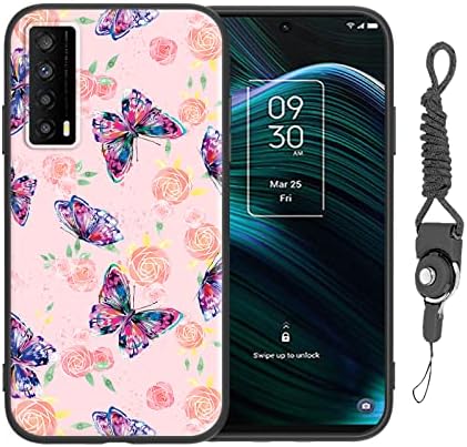 Nuouxoco for TCL Stylus 5G (T779W) Phone Case with Lanyard Strap Flowers Butterfly Design Shockproof Protective Case for Girls Women Slim Floral Cover for TCL Stylus 5G - Rose Butterfly