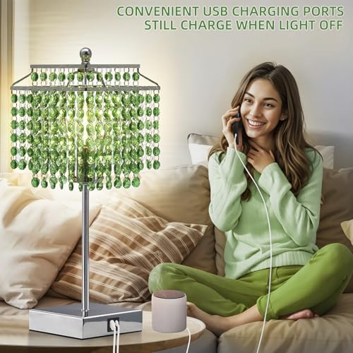 Image of Luvkczc Crystal Table Lamp with Touch Control, Bedside Crystal Table Lamp | with USB C+A Ports,Dimmable Lamp for Girls Bedroom, Living Room, Green & B11 LED Bulb Included