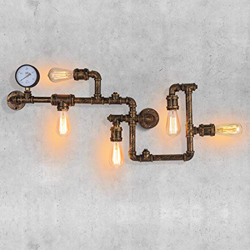 Applique Tubo dell'acqua Lampade da parete Retro Industriale 5-Basi di bulbo E27 Sorgenti Luminose Decorazione per ristorante Cafe Hallway (Ottone Senza lampadina)